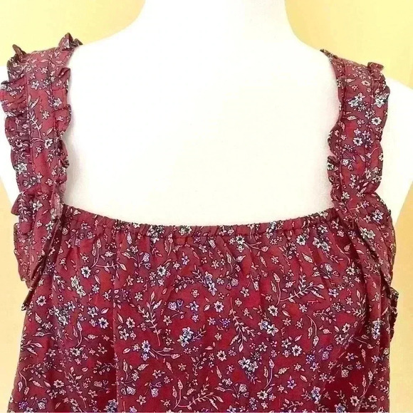 NWT Hem & Thread Rayon Maroon Floral Ruffle Cinch Waist Sleeveless Top Size M - Picture 2 of 14